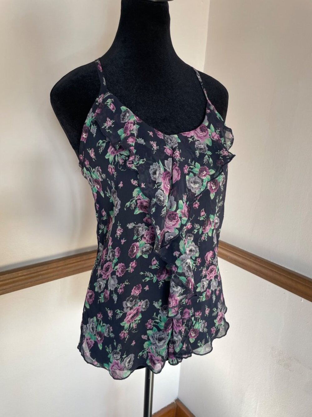 Y2K Sheer Floral Ruffle Cami Dark Academia Fairy Grunge Goth Top Small